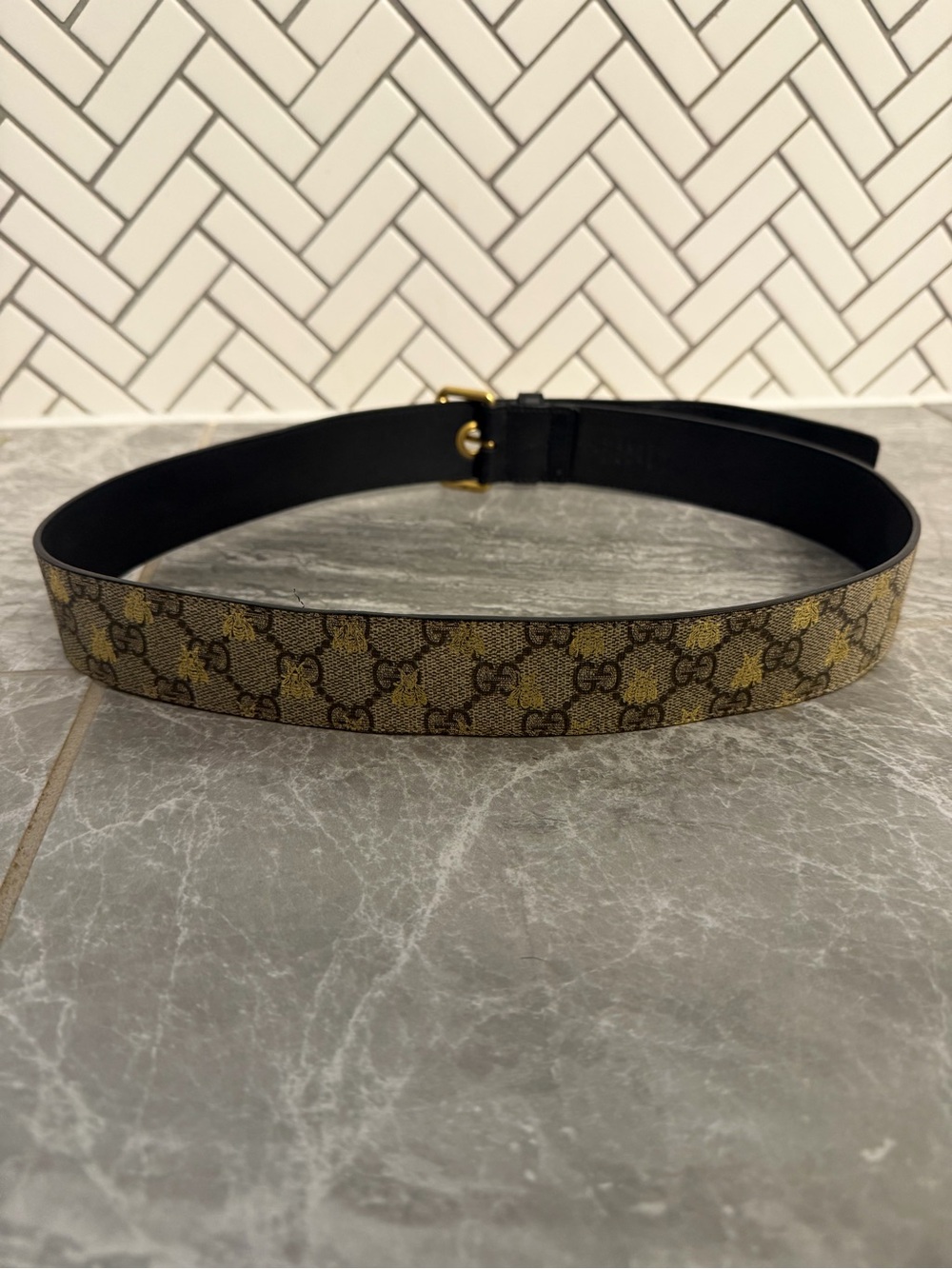 Gucci GG Supreme Monogram Bee Belt Brown Canvas Black Leather Size 36 - Picture 4 of 5
